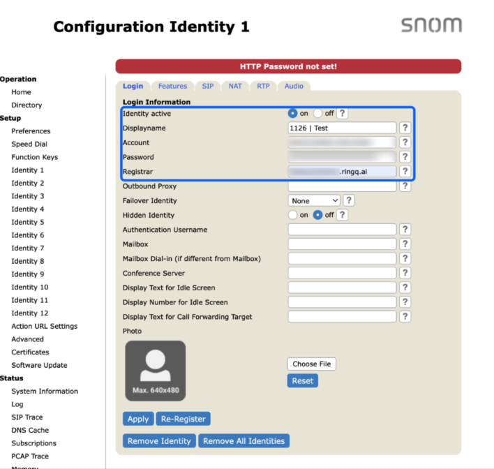 Snom phone configuration for RingQ